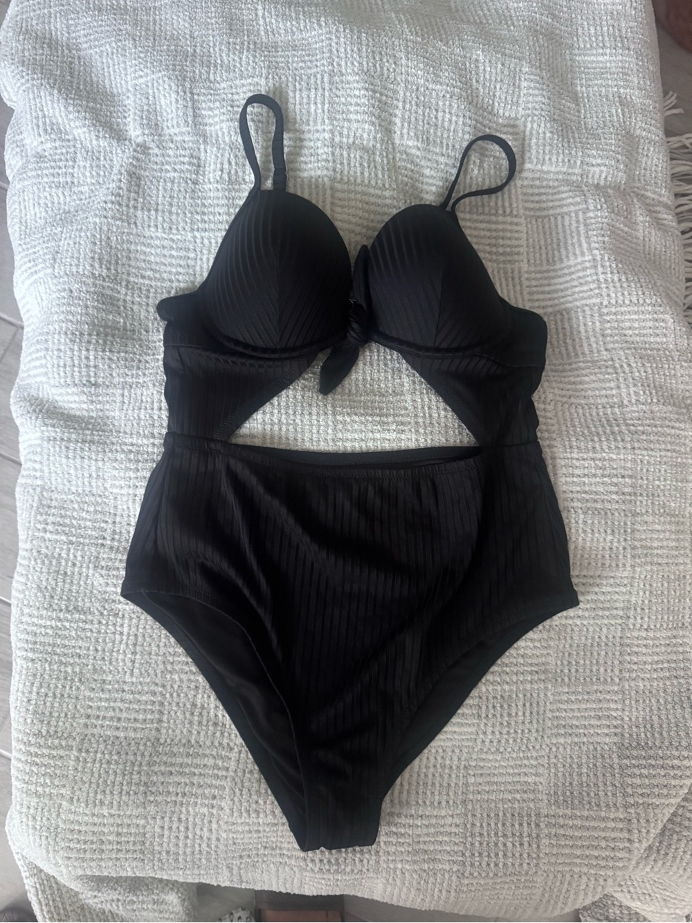 Black Ribbed One-Piece Cutout Swimsuit